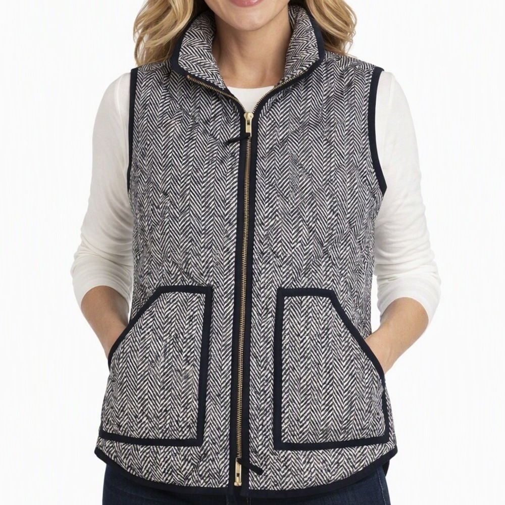 J.Crew Quilted Down Vest Herringbone Small Layering Puffer Equestrian Office